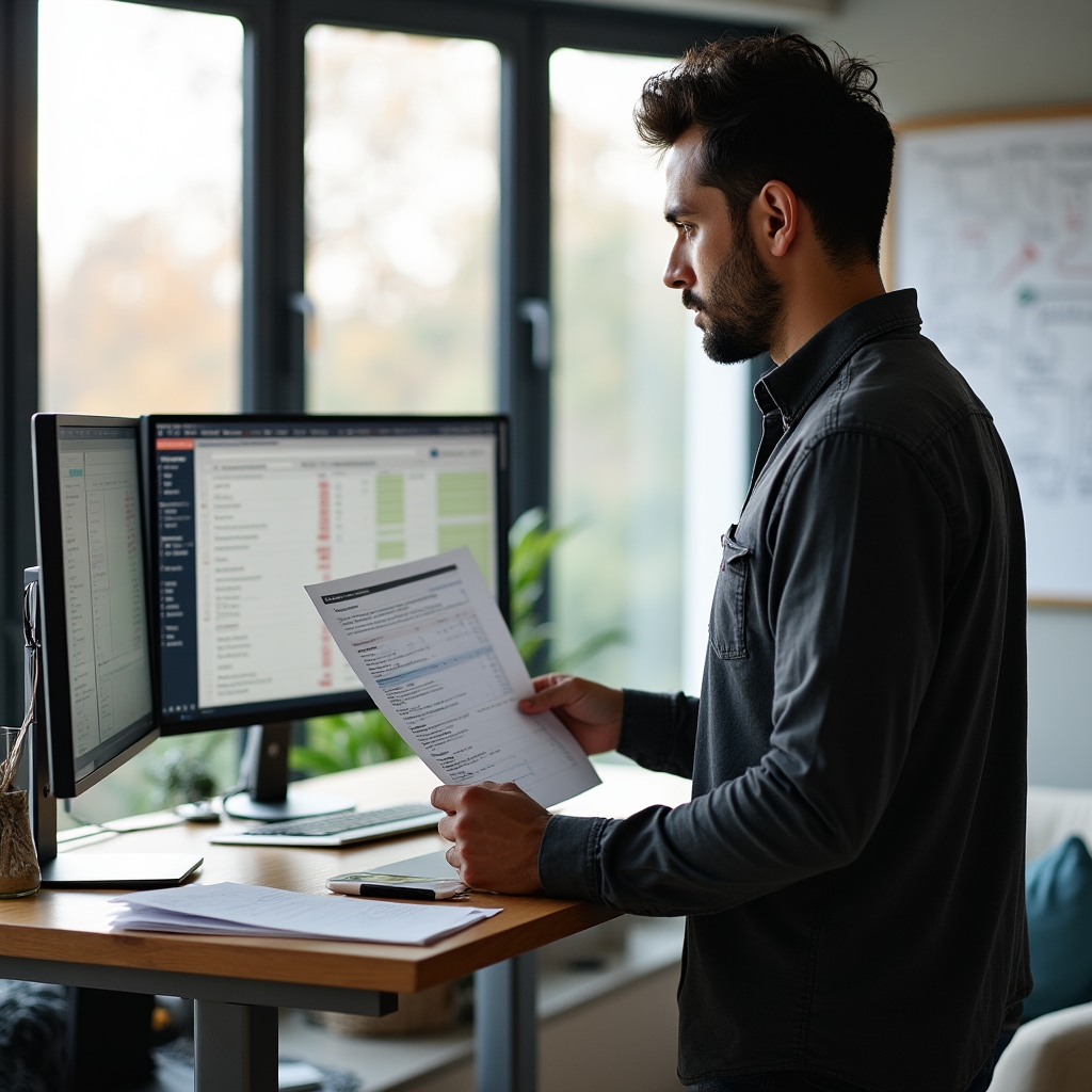 Entrepreneur working at a standing desk in a modern collaborative workspace in Ecuador